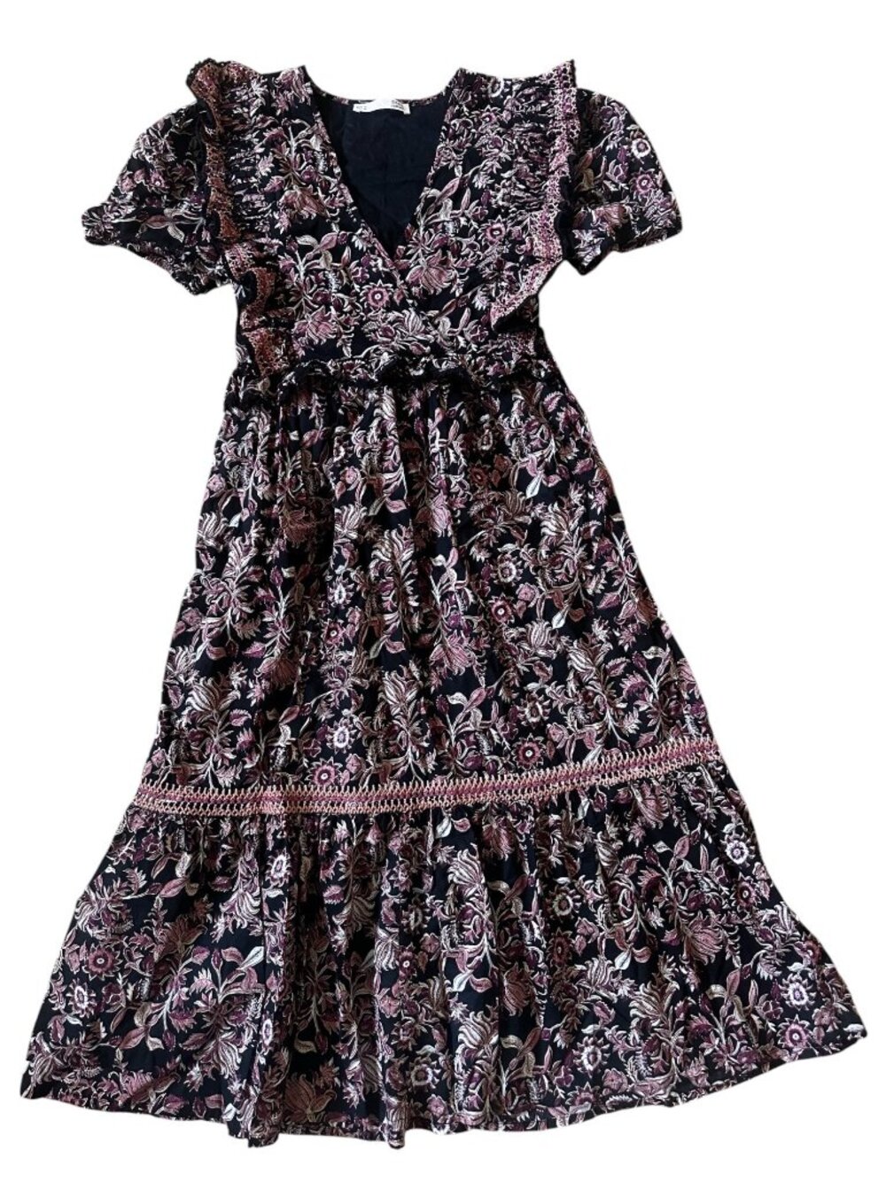SFera Dainty Floral Midi Dress Womens Medium Embroidered Ruffles Feminine Modest - Picture 3 of 16